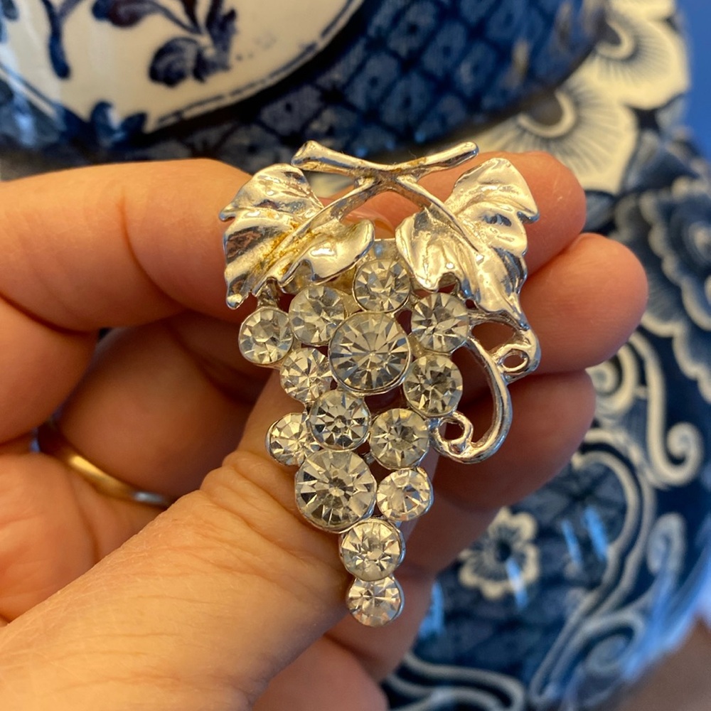 Silver Grape Brooch with Rhinestones